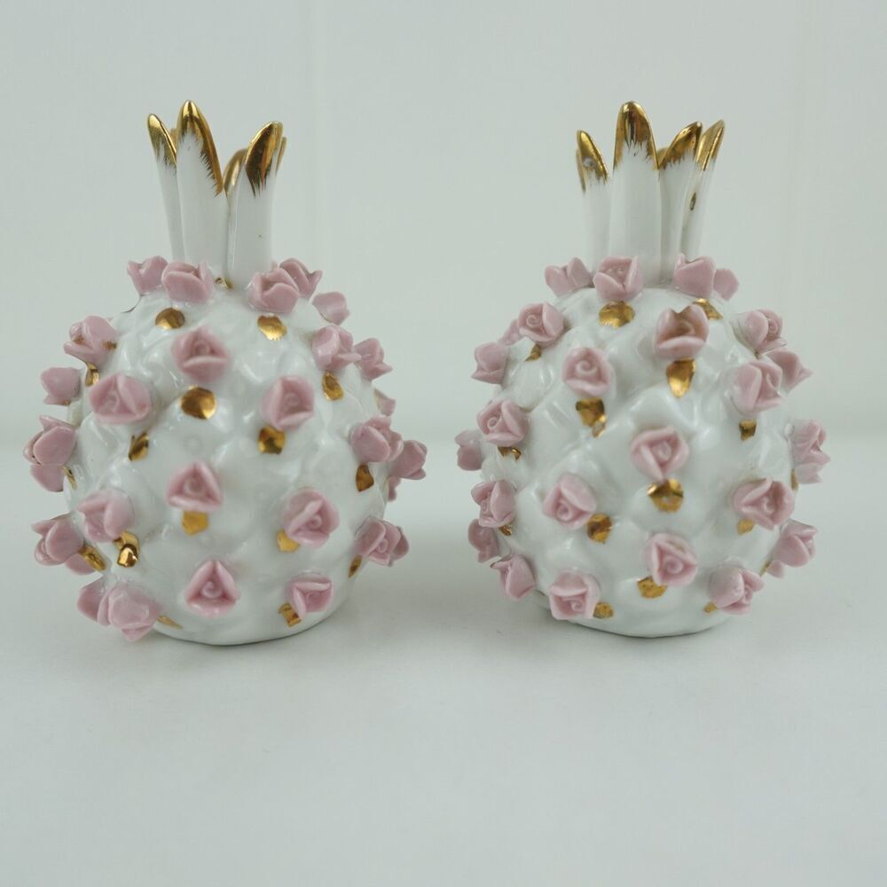Lefton Pink Rose Encrusted Pineapple Salt & Pepper Shakers Vintage